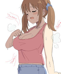 Rule 34 | 1girl, absurdres, bare shoulders, blue scrunchie, blush, breasts, brown hair, cleavage, closed eyes, closed mouth, clothes pull, collarbone, from side, hair ornament, hair scrunchie, hand up, highres, hot, idolmaster, idolmaster cinderella girls, idolmaster cinderella girls starlight stage, large breasts, long hair, midriff peek, nono (totokin), open mouth, pink shirt, scrunchie, shirt, shirt pull, sleeveless, sleeveless shirt, solo, steam, sweat, totoki airi, twintails, upper body