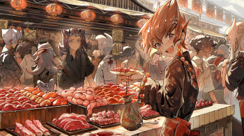 ! 6+boys absurdres arito_(yu-gi-oh!) astral_(yu-gi-oh!) bandages black_hair black_kimono bleeding blonde_hair blood blood_in_hair blood_on_clothes blood_on_face blood_on_hands blue_eyes cerakuro crowd crowded cutting_board dappled_sunlight durbe_(yu-gi-oh!) facing_another facing_to_the_side festival food fork hair_slicked_back happy highres holding holding_cutting_board holding_plate injury intestines japanese_clothes kamishiro_rio kamishiro_ryouga kimono lantern liver looking_at_another looking_at_viewer male_focus market market_stall meat mizael_(yu-gi-oh!) multiple_boys orange_hair outdoors paper_lantern parted_bangs parted_hair plate raw_meat red_sash sash sleeves_rolled_up sliced_meat spiked_hair spoken_exclamation_mark sunlight surprised table tsukumo_yuma turning_head white_kimono wide-eyed yu-gi-oh! yu-gi-oh!_zexal