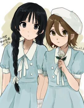 Rule 34 | 2girls, akiyama mio, beret, black eyes, black hair, blue dress, brown eyes, brown hair, closed mouth, collared dress, commentary request, double-parted bangs, dress, flower, hair between eyes, hair ribbon, hand up, hat, highres, holding, holding flower, k-on!, kaie (ns s3 3), long hair, looking at viewer, multiple girls, neck ribbon, ribbon, short hair, short sleeves, side-by-side, tainaka ritsu, twintails, twitter username, upper body, white flower, white hat, white ribbon