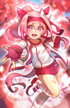 1girl absurdres animal_ears bandaid bandaid_on_leg blush bow breasts buruma cherry_blossoms clenched_hand collarbone commentary ear_bow ear_covers fingerless_gloves flower_in_eye gloves hairband haru_urara_(bestest_prize)_(umamusume) haru_urara_(umamusume) headband highres horse_ears horse_girl horse_tail jacket long_hair looking_at_viewer martypcsr open_mouth outstretched_arm petals pink_buruma pink_eyes pink_hair pink_headband ponytail red_buruma red_gloves red_headband shirt shoes smile socks solo striped_clothes striped_socks symbol_in_eye tail tree umamusume white_jacket white_shirt