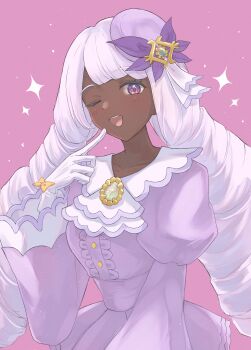 1girl ;d absurdres collarbone dark-skinned_female dark_skin dress eyelashes gloves hand_up happy highres jacinthe_(pokemon) long_hair long_sleeves mixed-language_commentary nintendo one_eye_closed open_mouth pokemon pokemon_legends:_z-a puffy_sleeves purple_background purple_dress purple_eyes sangria smile solo sparkle teeth tongue upper_teeth_only white_gloves