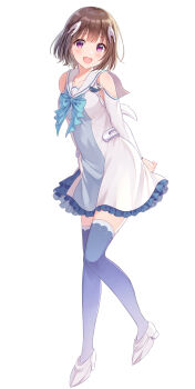 1girl :d arms_behind_back bare_shoulders blue_bow blue_thighhighs bow breasts brown_hair commentary_request dress frilled_dress frills full_body hair_ornament highres looking_at_viewer medium_breasts open_mouth original red_eyes sailor_collar sailor_dress shoes simple_background sleeveless sleeveless_dress smile solo thighhighs white_background white_dress white_sailor_collar white_shoes yatomi