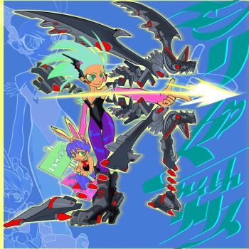 2girls animal_print bare_shoulders bat_(animal) bat_print black_leotard breasts command_input commentary_request demon_girl demon_wings full_body fur-trimmed_leotard fur_trim green_eyes head_wings highres leotard lilith_(darkstalkers) long_hair medium_breasts morrigan_aensland multiple_girls nishi24_(hiroki_nishi) non-humanoid_robot off_shoulder pantyhose playboy_bunny purple_hair purple_pantyhose rabbit_girl robot robot_animal short_hair strapless strapless_leotard darkstalkers wings zoom_layer