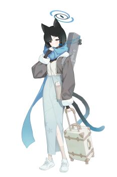 1girl absurdres adjusting_scarf alternate_costume animal_ears ankle_socks asymmetrical_bangs bakeneko black_choker black_eyes black_hair blue_archive blue_bow blue_halo blue_scarf blue_skirt blue_string bow braid bright_pupils brown_jacket brown_shirt brown_socks cat_ears cat_girl cat_tail choker closed_mouth commentary cropped_jacket denim denim_skirt full_body fur-trimmed_jacket fur-trimmed_sleeves fur_trim hair_bow halo highres jacket kikyou_(blue_archive) long_skirt long_sleeves looking_at_viewer multiple_tails open_clothes open_jacket pouch ribbon_choker scarf shirt shoes short_hair side_braid simple_background single_braid skirt sleeves_past_wrists sneakers socks solo suitcase tail teruterubouzu two_tails undershirt weapon_case white_background white_pupils white_shoes yona_(yoroyoro)