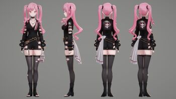 1girl 3d belt belt_collar black_boots black_jacket blush boots breasts cleavage collar highres hololive hololive_english jacket large_breasts long_hair long_sidelocks mari-3d mori_calliope mori_calliope_(gold_unbalance) multiple_views official_alternate_costume official_art open-toe_boots pink_eyes pink_hair reference_sheet sidelocks thighhighs torn_clothes torn_thighhighs turnaround twintails virtual_youtuber