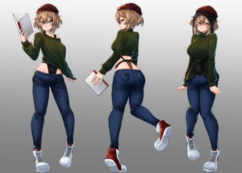 1girl absurdres ass beanie book breasts brown_hair clio_aite denim flustered full_body glasses green_sweater hat highres holding holding_book jeans medium_breasts multiple_views panties pants phase_connect reference_sheet shoes short_hair sneakers superfann sweater underwear virtual_youtuber