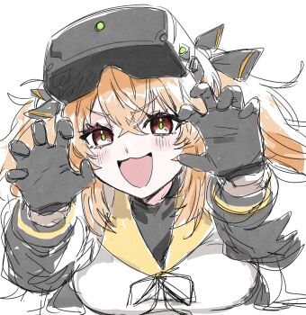 1girl :3 absurdres black_gloves black_ribbon blush breasts brown_eyes brown_hair commentary_request girls&#039;_frontline girls&#039;_frontline_2:_exilium gloves highres large_breasts lenna_(girls&#039;_frontline_2) night_vision_device ribbon shinoe_nun solo twintails ump9_(girls&#039;_frontline)