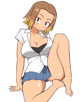 age_difference arm_support barefoot black_bra blue_skirt blush bra breasts brown_eyes brown_hair cleavage collared_shirt dark_skin feet gradient_hair gyaru highres kasamaru_aoi large_breasts looking_at_viewer multicolored_hair parted_bangs pleated_skirt ruri_no_houseki sanpaku school_uniform shirt short_sleeves simple_background sitting skirt tan thighs toes underwear wejon white_background white_shirt