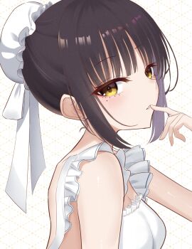 1girl absurdres apron bare_shoulders black_hair blunt_bangs blush breasts bun_cover cafe_stella_to_shinigami_no_chou cleavage commentary earrings eyelashes finger_to_mouth frilled_apron frills from_side hair_bun hair_ribbon hand_up highres index_finger_raised jewelry looking_at_viewer maid maid_apron medium_breasts medium_hair mokomoko_system mole mole_under_eye naked_apron parted_lips ribbon seductive_smile shiki_natsume sidelocks simple_background single_hair_bun smile solo stud_earrings tsurime upper_body white_apron white_background white_ribbon yellow_eyes