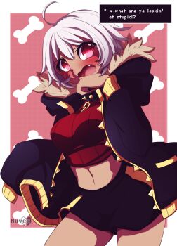 1girl absurdres ahoge black_jacket black_skirt bone chain collar crop_top dark_skin fangs fur-trimmed_jacket fur_trim genderswap genderswap_(mtf) gold_chain golden_tooth hair_between_eyes highres hood humanization jacket navel nuvex red_eyes red_shirt sans_(undertale) shirt short_hair skirt spiked_collar spikes sweat underfell undertale utdr_(toby_fox) white_hair