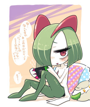 colored_skin cottonee gen_3_pokemon gen_5_pokemon green_hair hair_over_one_eye handheld_game_console highres holding holding_handheld_game_console horns ino_(tellu0120) kirlia multicolored_skin nintendo nintendo_switch pillow pink_eyes playing_games playing_video_games pokemon pokemon_(creature) sidelocks sitting speech_bubble sweat translation_request two-tone_skin white_skin