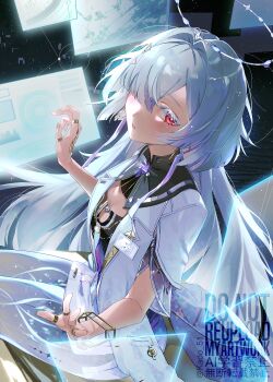 1girl absurdres badge blush breasts colored_eyelashes commentary_request crystal_shards display dress earrings gradient_clothes gradient_dress hair_ornament hair_over_one_eye halo highres jacket jewelry kado_51 looking_at_viewer mornye_(wuthering_waves) multiple_rings parted_lips prosthesis prosthetic_leg purple_dress red_eyes ring sitting small_breasts solo tacet_mark_(wuthering_waves) triangle_earrings white_eyelashes white_halo white_jacket wuthering_waves