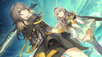 2girls aqua_skirt aqua_thighhighs black_gloves black_hairband black_jacket blue_pupils commentary_request dutch_angle firefly_(honkai:_star_rail) gloves gradient_hair grey_hair hair_between_eyes hairband hide_(hideout) honkai:_star_rail honkai_(series) jacket long_hair looking_at_viewer multicolored_eyes multicolored_hair multiple_girls neckerchief orange_neckerchief purple_eyes skirt smile stelle_(honkai:_star_rail) thighhighs trailblazer_(honkai:_star_rail) two-tone_eyes yellow_eyes