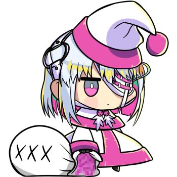 Rule 34 | 1girl, capelet, censored, chibi, closed mouth, colored inner hair, dohna dohna issho ni warui koto o shiyou, dress, fake censor, full body, gag, hat, kouto matai, meme, mosaic censoring, multicolored hair, padoru (meme), pink eyes, porno (dohna dohna), santa hat, short hair, simple background, solo, white background, white bag, white capelet, white dress, white hat, wiffle gag