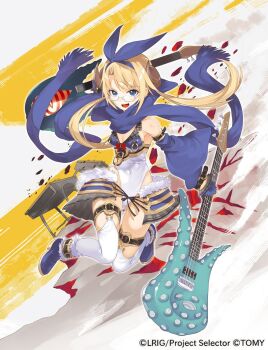 Rule 34 | 1girl, armpits, blonde hair, blue eyes, blue gloves, blue hairband, blue scarf, blue shoes, bow hairband, breasts, brown horns, cleavage, copyright notice, covered navel, detached sleeves, fingerless gloves, fur-trimmed shoes, glasses, gloves, guitar, hairband, highres, holding, holding guitar, holding instrument, horns, instrument, leotard, lock, medium breasts, official art, open mouth, padlock, scarf, shoes, solo, teeth, tentacles, thighhighs, tokiti, twintails, umr (wixoss), upper teeth only, white leotard, white thighhighs, wixoss