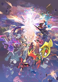1boy 1girl 2girls 6+others antennae artist_name bewear blacephalon blue_hair buzzwole celesteela claws decidueye disembodied_head e_volution elio_(pokemon) everyone falling fighting flute flying gen_7_pokemon guzzlord highres incineroar insect_wings instrument kartana legendary_pokemon lillie_(pokemon) looking_at_another lunala lycanroc lycanroc_(dusk) multiple_girls multiple_others muscular music naganadel necrozma necrozma_(ultra) nihilego nintendo obelisk open_mouth outstretched_arms pheromosa playing_flute playing_instrument pokemon pokemon_(creature) pokemon_usum primarina rock selene_(pokemon) silvally singing solgaleo stakataka sunlight tapu_bulu tapu_fini tapu_koko tapu_lele teeth ultra_beast white_mane wings xurkitree