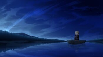 Rule 34 | 1girl, absurdres, artachi (nodachi), black sweater, blonde hair, boat, closed eyes, hair flaps, highres, long sleeves, night, no mouth, on boat, outdoors, own hands together, plaid clothes, plaid sweater vest, plaid vest, purple sweater vest, reflection, reflective liquid, river, scenery, short hair, sky, solo, sweater, sweater vest, urotsuki, vest, watercraft, yume 2kki