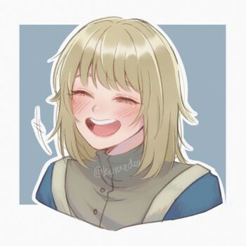 1girl blonde_hair blush closed_eyes commentary cropped_shoulders dungeon_meshi english_commentary falin_touden falin_touden_(tallman) grey_shirt happy highres kuraedo open_mouth shirt short_hair smile solo swept_bangs teeth upper_teeth_only