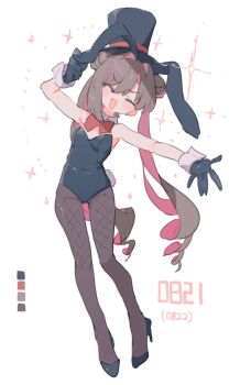 1girl ^_^ animal_ear_hairband animal_ears black_gloves black_hat black_leotard black_pantyhose black_shoes blush bow bowtie brown_hair character_request closed_eyes color_guide colored_inner_hair copyright_request detached_collar double_bun fake_animal_ears fake_tail fishnet_pantyhose fishnets full_body gloves hair_bun hairband hat high_heels highres kasa_(hitori_sanka) leotard long_hair multicolored_hair pantyhose playboy_bunny rabbit_ear_hairband rabbit_ears rabbit_tail reaching reaching_towards_another red_bow red_bowtie shoes simple_background smile solo sparkle sparkling_aura strapless strapless_leotard tail top_hat twintails white_background wrist_cuffs