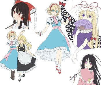 5girls absurdres alice_margatroid apron black_hair black_shoes black_skirt black_vest blonde_hair blue_dress boots bow braid branch brown_boots brown_hair capelet commentary_request dress folding_fan frilled_apron frilled_bow frilled_dress frilled_hair_tubes frilled_hairband frilled_skirt frilled_sleeves frills gap_(touhou) gloves gohei hair_bow hair_tubes hairband hakurei_reimu hand_fan hat hat_ribbon highres holding holding_fan holding_gohei holding_hands houraisan_kaguya interlocked_fingers jeweled_branch_of_hourai kirisame_marisa lolita_hairband long_hair looking_at_viewer mob_cap moon_print multiple_girls no_headwear open_mouth pink_eyes pink_shirt print_shirt puffy_short_sleeves puffy_sleeves purple_dress purple_eyes red_bow red_eyes red_hairband red_ribbon red_shoes ribbon shirt shoes short_sleeves side_braid single_braid skirt sleeves_past_fingers sleeves_past_wrists smile socks touhou tsuno_no_hito vest waist_apron white_apron white_bow white_capelet white_gloves white_socks wide_sleeves yakumo_yukari yuri