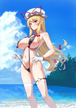 1girl absurdres alternate_costume ambasa areola_slip beach black_slingshot_swimsuit blonde_hair blush bow breasts commentary_request day gloves hair_bow hat hat_ribbon highres large_breasts long_hair looking_at_viewer mob_cap multiple_hair_bows navel ocean outdoors paid_reward_available pink_bow pink_ribbon purple_eyes ribbon slingshot_swimsuit smile solo stomach sweat swimsuit thigh_strap thighhighs touhou very_long_hair white_gloves white_thighhighs yakumo_yukari