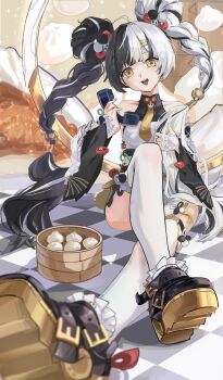 1girl absurdres ahoge aqua_nails bamboo_steamer bare_shoulders black_hair black_shoes blurry blurry_foreground braid braided_twintails chakram checkered_floor china_dress chinese_clothes collarbone commentary_request corded_phone crossed_legs detached_sleeves dialyn_(zenless_zone_zero) dress dumpling food hair_extensions hair_ornament hairclip hand_up head_tilt highres holding holding_phone knee_up long_hair looking_at_viewer multicolored_hair multicolored_nails necktie on_floor open_mouth panda_hair_ornament phone red_nails ring_hair_extensions shoes sitting solo sparkling_eyes split-color_hair thighhighs user_adpn2522 weapon white_hair white_thighhighs yellow_eyes yellow_necktie zenless_zone_zero