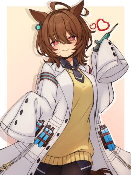 1girl agnes_tachyon_(umamusume) ahoge animal_ears brown_eyes brown_hair closed_mouth coat commentary cowboy_shot hair_between_eyes heart heart-shaped_pupils holding holding_syringe horse_ears horse_girl huge_ahoge lab_coat long_sleeves looking_at_viewer open_clothes open_coat saku_ushi_(voice_actor) short_hair sleeves_past_fingers sleeves_past_wrists smile solo sweater symbol-only_commentary symbol-shaped_pupils syringe test_tube test_tube_holster umamusume white_coat yellow_sweater