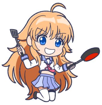 Rule 34 | 1girl, :d, ahoge, angel beats!, blonde hair, blue eyes, blue shirt, blush, chibi, chibi only, commentary request, dual wielding, eyelashes, eyes visible through hair, frying pan, full body, grin, hair between eyes, highres, holding, holding frying pan, kneeling, long hair, long sleeves, looking at viewer, midriff, miniskirt, neckerchief, open mouth, pink neckerchief, pleated skirt, sekine shiori, shinda sekai sensen uniform, shirt, simple background, skirt, smile, solo, spiked hair, tareme, thighhighs, transparent background, user uvgr2282, very long hair, white shirt, white thighhighs, zettai ryouiki