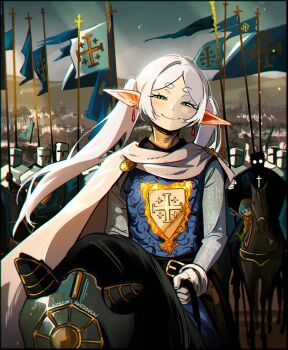 2girls 6+others absurdres alexander_anderson armor cape closed_mouth commentary cross crossover earrings elf english_commentary frieren green_eyes grey_hair half-closed_eyes hellsing helmet highres hood hood_up horse horseback_riding jewelry jubilee_2025 long_hair looking_at_viewer luce_(jubilee_2025) multiple_crossover multiple_girls multiple_others outdoors patreon_username pointy_ears raincoat riding round_eyewear smile smug snegovski sousou_no_frieren thick_eyebrows twintails yellow_raincoat