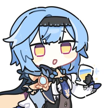 1girl black_gloves black_hairband blue_hair blue_necktie chibi cup eula_(genshin_impact) g4ori genshin_impact gloves hairband highres holding holding_cup medium_hair necktie open_mouth side_cape simple_background solo vision_(genshin_impact) white_background wide_sleeves yellow_eyes