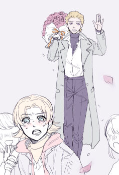 1boy 1girl angel blonde_hair blue_eyes blush bouquet coat couple dark-skinned_male dark_skin dearka_elsman faceless faceless_female falling_petals flower gundam gundam_seed gundam_seed_destiny gundam_seed_freedom hand_up highres holding holding_bouquet hood hoodie long_sleeves mature_female mature_male medium_hair miriallia_haw orb pants parted_bangs petals ribbon rose rose_petals simt sweat sweatdrop sweater swept_bangs trench_coat