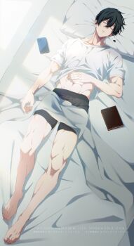 Rule 34 | 1boy, abs, absurdres, black hair, blue lock, boxer briefs, cellphone, closed eyes, commentary request, full body, hair between eyes, highres, itoshi rin, lying, male focus, male underwear, may (illust man 2020), midriff, navel, notebook, on back, on bed, parted lips, phone, shirt, short hair, sleeping, smartphone, teeth, toned, toned male, underwear, watermark, white shirt