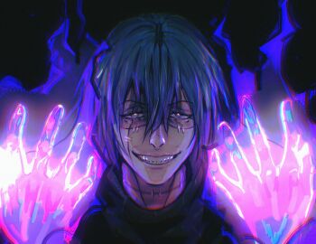 1boy bondustries bright_pupils cursed_energy_(jujutsu_kaisen) energy evil_grin evil_smile glowing_hands grin hair_between_eyes highres jujutsu_kaisen long_hair mahito_(jujutsu_kaisen) male_focus scene_reference smile solo stitched_face stitched_neck stitches teeth upper_body
