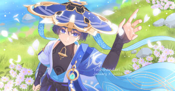 Rule 34 | 1boy, anemo symbol (genshin impact), animal print, aqua gem, arm at side, armor, artist name, bird print, black bodysuit, black bow, black bridal gauntlets, black shorts, blue cape, blue hat, blue sleeves, blunt ends, bodysuit, bow, bridal gauntlets, cape, closed mouth, commentary request, covered collarbone, dated, eyeliner, eyeshadow, falling petals, feathers, fingernails, flower, from above, gem, genshin impact, glowing, glowing petals, gold, gold ring, grass, hand up, handari, hat, japanese armor, jingasa, kote, kurokote, layered sleeves, lily pad, looking at viewer, makeup, male focus, mandala, middle ring, open hand, outdoors, petals, pom pom (clothes), pond, purple eyes, purple flower, purple hair, purple pupils, purple sash, red eyeliner, red eyeshadow, rock, sash, scaramouche (genshin impact), short sleeves, shorts, shoulder peek, smile, solo, split mouth, tsurime, upper body, wanderer (genshin impact), white petals, white sleeves, white trim, yellow feathers