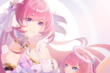 2girls absurdres bare_shoulders blue_eyes breasts chinese_commentary commentary_request corset diamond-shaped_pupils diamond_(shape) elf_elysia elysia_(herrscher_of_human:_ego)_(honkai_impact) elysia_(honkai_impact) hair_ornament halo highres honkai_(series) honkai_impact_3rd large_breasts long_hair multicolored_hair multiple_girls parted_lips pink_hair purple_eyes smile symbol-shaped_pupils triquetra two-tone_hair very_long_hair white_corset white_hair zuizhong_kongju