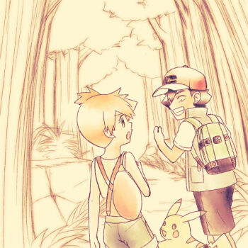 1boy 1girl ash_ketchum backpack bag baseball_cap black_hair black_shorts closed_eyes forest from_behind gen_1_pokemon grass green_bag green_shorts grin hand_up hat jacket looking_at_another misty_(pokemon) nature nintendo open_mouth orange_hair outdoors pikachu pokemon pokemon_(anime) pokemon_journeys shirt short_hair short_sleeves shorts side_ponytail sleeveless sleeveless_jacket sleeveless_shirt smile spiked_hair suspenders tank_top teeth tree vest walking