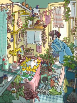 1girl animal animal_slippers bathroom bathtub bird blue_jacket blurry blurry_foreground bottle brown_hair cleaning commentary_request cupcake depth_of_field duck duster faucet feather_duster fern floor food headphones highres indoors jacket lily_pad mop original plant potted_plant radio rubber_duck short_shorts shorts shower_curtain shower_head slippers socks solo spray_bottle standing stuffed_animal stuffed_frog stuffed_rabbit stuffed_toy toilet towel tray tsunometoriri vines water window