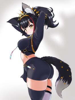 1girl :3 absurdres adjusting_hair animal_ears arms_behind_head arms_up ass black_hair black_shirt black_skirt black_thighhighs breasts closed_mouth commentary_request highres hololive large_breasts looking_at_viewer misril multicolored_hair ookami_mio ponytail red_hair shirt skirt smile solo star_ornament streaked_hair tail tail_ornament thigh_strap thighhighs virtual_youtuber white_thighhighs wolf_ears wolf_girl wolf_tail yellow_eyes