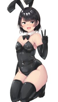 Rule 34 | 1girl, absurdres, animal ears, bare shoulders, black eyes, black hair, breasts, cleavage, covered navel, detached collar, highres, kneeling, looking at viewer, medium breasts, open mouth, original, playboy bunny, plump, rabbit ears, shinonon (iso shino), short hair, small breasts, smile, solo, thick thighs, thighhighs, thighs, tongue