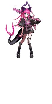 1girl baseball_bat black_boots black_shirt black_shoes blue_eyes body_markings boots bracelet choker colored_fingertips dragon_girl dragon_horns dragon_tail earrings elizabeth_bathory_(fate) elizabeth_bathory_(perfect)_(fate) fate/grand_order fate_(series) full_body highres holding holding_weapon horns jewelry kneehighs legwear_garter long_hair long_shirt looking_at_viewer multiple_earrings nail_(hardware) nail_bat necklace official_art pink_hair pointy_ears print_shirt ribbon ring shirt shoes single_legwear_garter socks solo standing streetwear t-shirt tachi-e tail third-party_source transparent_background two_side_up very_long_hair wada_arco weapon