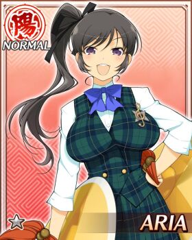 1girl aria_(senran_kagura) arm_at_side black_hair black_ribbon blue_bow blue_bowtie border bow bowtie breasts card_(medium) character_name cymbals english_text game_cg green_vest hair_ribbon hand_on_own_hip high_side_ponytail instrument large_breasts long_hair looking_at_viewer musical_note musical_note_print official_alternate_costume official_art open_mouth plaid_clothes plaid_vest purple_eyes ribbon sakigei_municipal_academy_school_uniform school_uniform senran_kagura senran_kagura_new_wave shirt smile solo teeth upper_teeth_only vest white_shirt