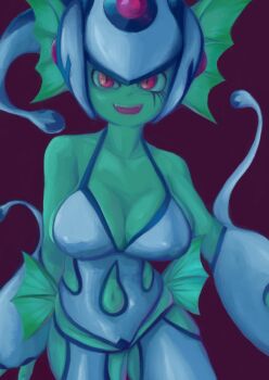 Rule 34 | breasts, digimon, digimon (creature), frog girl, looking at viewer, monster girl, pixiv user (3576174), ranamon, red eyes, sharp teeth, teeth
