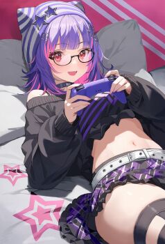 Rule 34 | 1girl, absurdres, alternate costume, bare shoulders, beanie, bed sheet, belt, black-framed eyewear, black choker, black shirt, black skirt, black thighhighs, bra strap, choker, colored inner hair, commission, controller, crop top, crop top overhang, fang, game controller, glasses, hat, highres, holding, holding controller, holding game controller, long sleeves, looking at viewer, lying, medium hair, midriff, miniskirt, multicolored hair, navel, off-shoulder shirt, off shoulder, on back, open mouth, pillow, pink hair, plaid clothes, plaid skirt, purple hair, red eyes, second-party source, semi-rimless eyewear, shirt, skeb commission, skirt, smile, solari riko, solo, stomach, streaked hair, striped hat, thighhighs, thighs, two-tone hair, under-rim eyewear, virtual youtuber, vspo!, vspo! en, yahako, zettai ryouiki