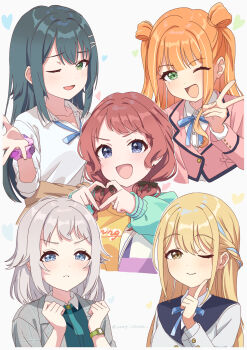 5girls ;) ;d alternate_hairstyle blazer blonde_hair blue_ribbon blush braid brown_hair clenched_hands commentary_request cosplay costume_switch cropped_torso finger_to_cheek fingernails four-finger_heart_hands fujita_kotone fujita_kotone_(cosplay) gakuen_idolmaster green_hair grey_hair group_costume_switch group_hairstyle_switch gyaru hair_flaps hair_ribbon hairstyle_switch half_up_braid hanami_saki hanami_saki_(cosplay) heart heart_hands highres idolmaster jacket katsuragi_lilja katsuragi_lilja_(cosplay) kogal looking_at_viewer mole mole_under_eye multicolored_jacket multiple_girls one_eye_closed open_mouth orange_hair ribbon ribbon_braid scrunchie shiun_sumika shiun_sumika_(cosplay) simple_background smile tsukimura_temari tsukimura_temari_(cosplay) twitter_username upper_body usagichama v v-shaped_eyebrows watch white_background wrist_scrunchie wristwatch