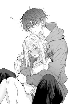 1boy 1girl blush couple fuyukawa_kagari greyscale hakanai_kimi_wa_moukou_wo_hajimeru hetero hood hood_down hoodie hug hug_from_behind kazutake_hazano long_sleeves monochrome pants parted_lips signature simple_background sitting sleepy terui_soushichi white_background