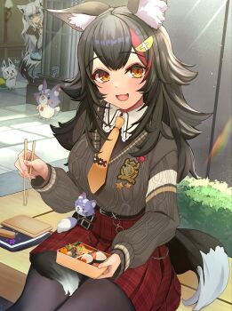 <o>_<o> 2girls :3 :d ? animal_ear_fluff animal_ears bag belt bento black_belt black_hair black_pantyhose blue_eyes blush brown_eyes chain chopsticks column commentary_request fox_ears fox_girl fox_tail hair_ornament highres holding holding_bento holding_chopsticks hololive knit_sweater long_hair long_sleeves looking_at_another looking_at_viewer miofa_(ookami_mio) multicolored_hair multiple_girls necktie ookami_mio ookami_mio_(10th_costume) open_mouth outdoors pantyhose peeking_out pillar plaid_clothes plaid_skirt red_skirt red_streaks school_emblem shaded_face shirakami_fubuki shirakami_fubuki_(11th_costume) skirt smile streaked_hair sukonbu_(shirakami_fubuki) tail tail_around_own_leg virtual_youtuber white_hair wolf_ears wolf_girl wolf_tail yellow_necktie yukimachiyuru