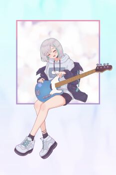 1girl absurdres black_collar black_jacket black_shorts black_socks closed_eyes collar drawstring electric_guitar grey_hair grey_hoodie grey_shoes guitar highres hood hood_down hoodie instrument jacket kanade_kanon kanade_kanon_(4th_costume) medium_hair nanashi_inc. off_shoulder open_clothes open_jacket open_mouth outside_border shoes shorts sitting sneakers socks solo square virtual_youtuber zephda