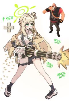 1girl ayo5108 black_gloves black_socks blonde_hair blue_archive blush breasts cardigan closed_mouth commentary english_commentary english_text fingerless_gloves food_in_mouth full_body gatling_gun gloves green_eyes green_halo gun halo heavy_(tf2) highres holding holding_gun holding_weapon id_card lanyard large_breasts long_hair long_sleeves m134_minigun motion_blur mouth_hold nonomi_(blue_archive) sandvich shirt shoes simple_background skirt socks solo standing team_fortress_2 weapon white_background white_shoes yellow_cardigan