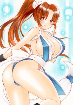 1girl ass bare_shoulders breasts brown_eyes brown_hair fatal_fury from_behind hand_fan large_breasts long_hair looking_at_viewer looking_back mitsugetsu_suzu ninja ponytail shiranui_mai sleeveless the_king_of_fighters thong
