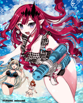 3girls baobhan_sith_(fate) bare_shoulders bikini black_bikini black_bow blue_eyes blush bow braid breasts cleavage closed_eyes fate/grand_order fate_(series) fujimaru_ritsuka_(female) grey_eyes grey_hair hair_bow highres izumi_minami large_breasts long_hair looking_at_viewer morgan_le_fay_(fate) multiple_girls navel open_mouth orange_hair pink_hair pointy_ears ponytail short_hair sidelocks smile swimsuit thighs very_long_hair water_gun white_bikini